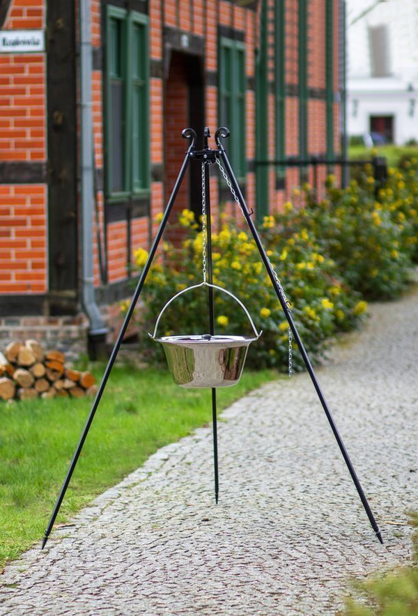 Schwenktopf aus Edelstahl 14 Liter, Dreibein Höhe 180 cm